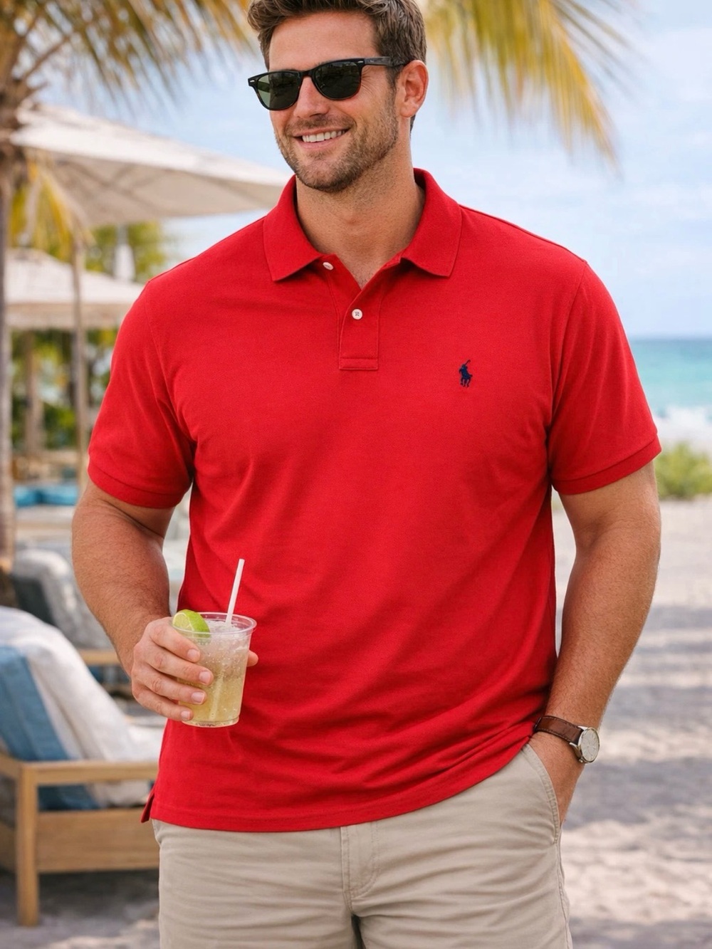 Polo Ralph Lauren Classic Red Polo Navy Pony Sz Large 100% Cotton Casual Preppy